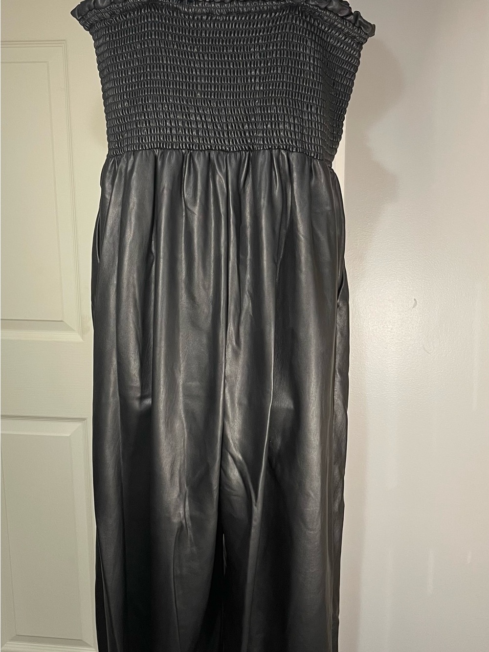 Anthropologie Black Strapless Faux-Leather Smocked Jumpsuit